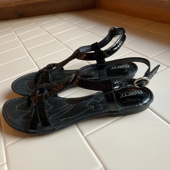 Born Thong Sandals Sz 8 Black Patent Leather Sling Back Women's Comfort Casual - Picture 3 of 14